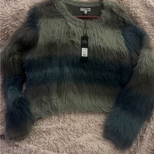 Fuzzy Striped Sweater in Gray and Blue